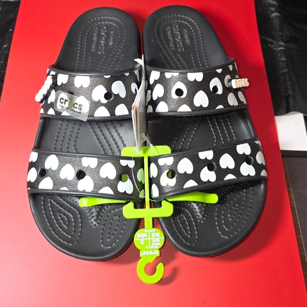Women's Black w/white hearts Crocs slides - Picture 3 of 7